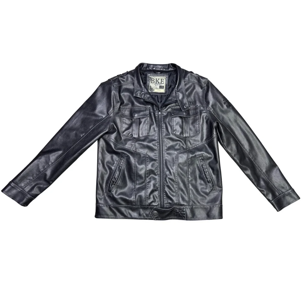 BKE Men's Faux Leather Jacket Dark Gray Size Large Slim Fit Motorcycle Biker